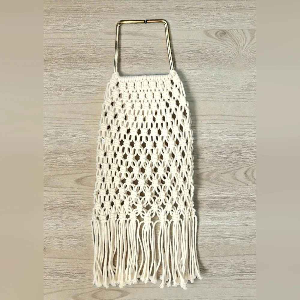 Macrame Fringed Clutch Hand Bag Ivory Metal Handle Boho Hippie Beach Woven Purse - Picture 4 of 8